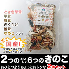 【２つの『おいしい６つのきのこ』】ややこしくてごめんなさい、ちょっとお得な2個セット_全て国産_とき色平茸、平茸、舞茸、きくらげ、椎茸、なめこ入り